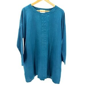 Linenbee 100% European Linen Shift Tunic Dress Pockets Oversized L XL Teal Boho